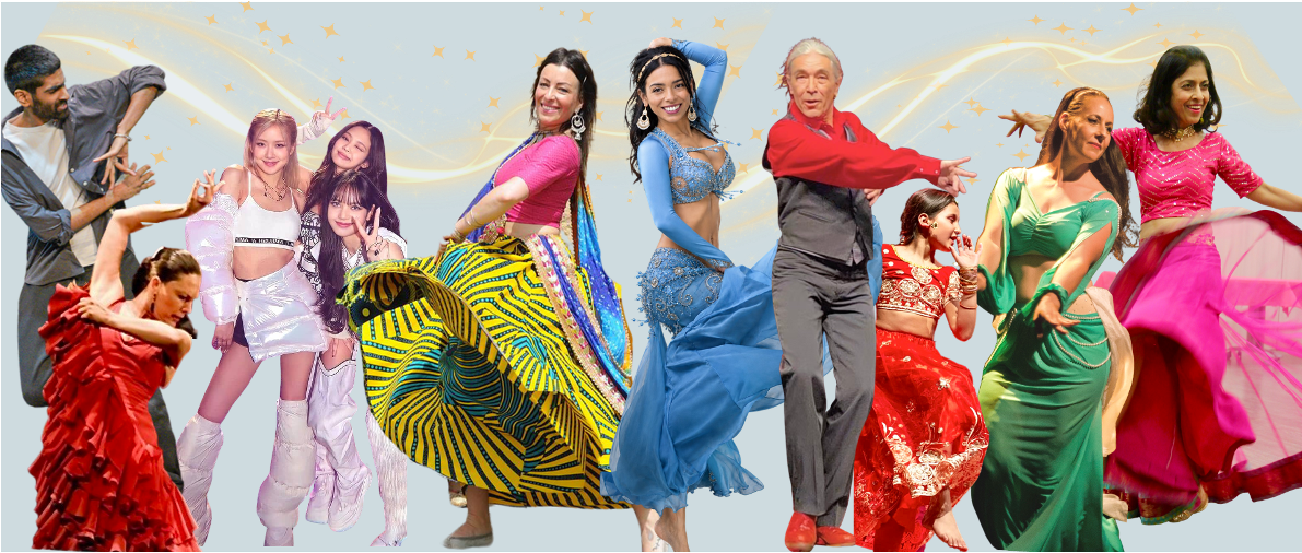 Montage de danseuses et de danseurs découpés côte à côte sur un fond bleu-gris parsemé d'étoiles dorées : un couple de flamenco, un trio de K-Pop, une jupe à motifs, une danseuse orientale en bleu, un danseur en chemise rouge, une fillette en costume rouge et deux danseuses en sari vert et rose