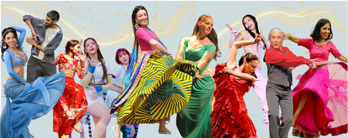 Montage de danseuses et de danseurs en costumes de scène colorés, découpés côte à côte sur un fond clair parsemé d'étoiles dorées