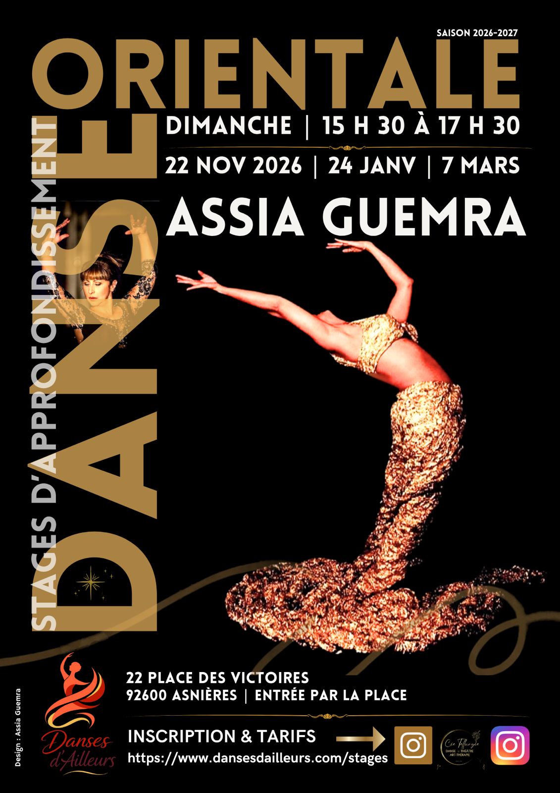 Flyer du stage de danse orientale d'approfondissement avec Assia Guemra, dimanche 22 novembre 2026, 15h30 à 17h30